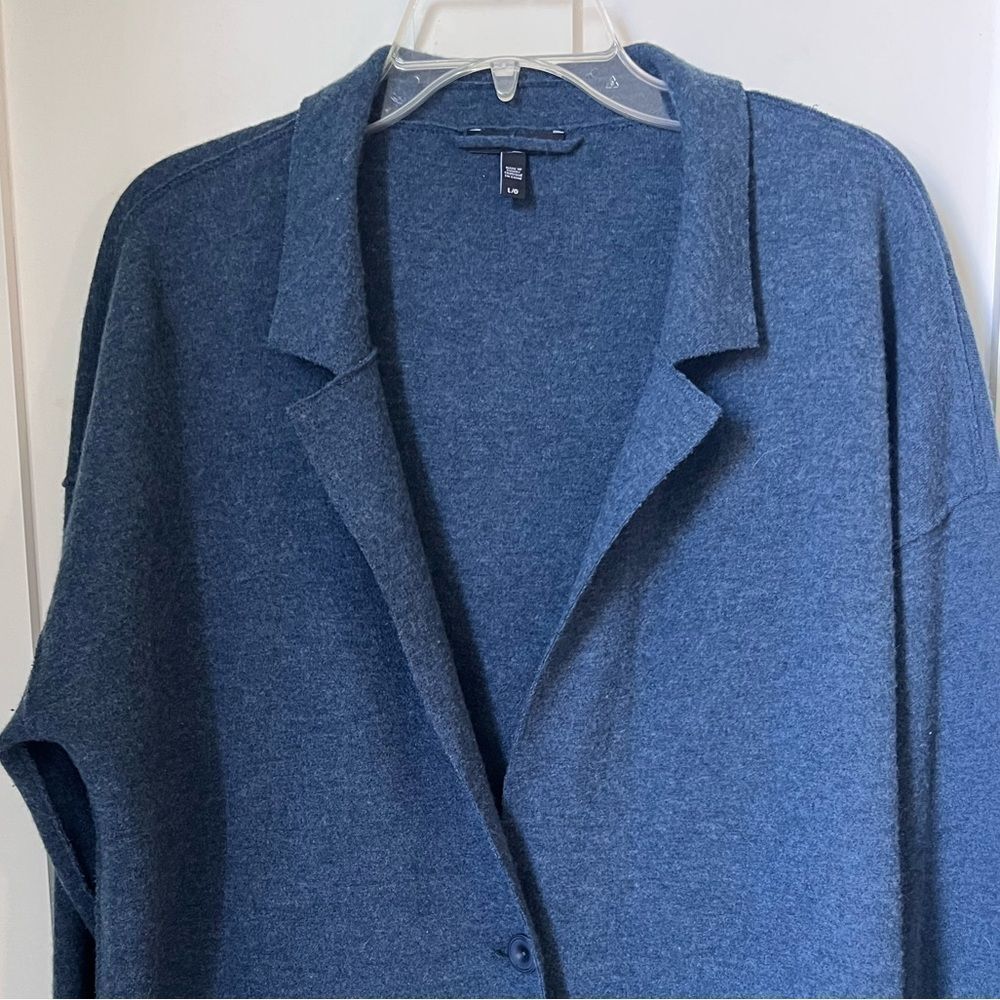 Eileen Fisher Merino Wool Double Knit Notch Collar Deep Blue Sweater Cardigan L - Picture 4 of 10